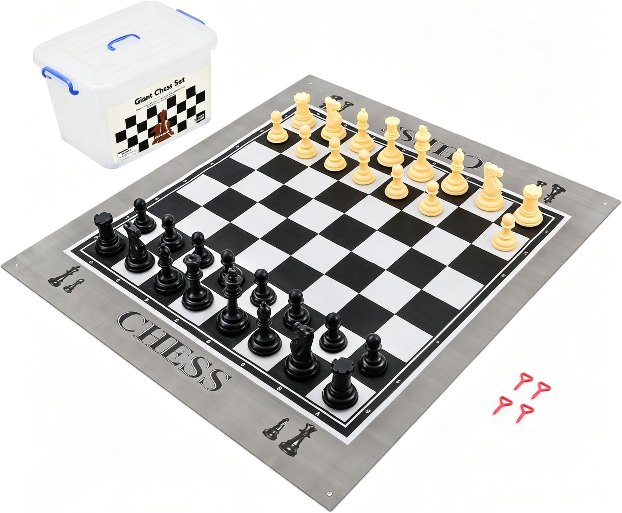 Giant Outdoor Chess Set Oversized Plastic Chess Pieces with Bases Lightweight 71" Chess Mat Floor Games for Kids and Adults - 9.8 Inches Tall King & Storage Bins with Lids