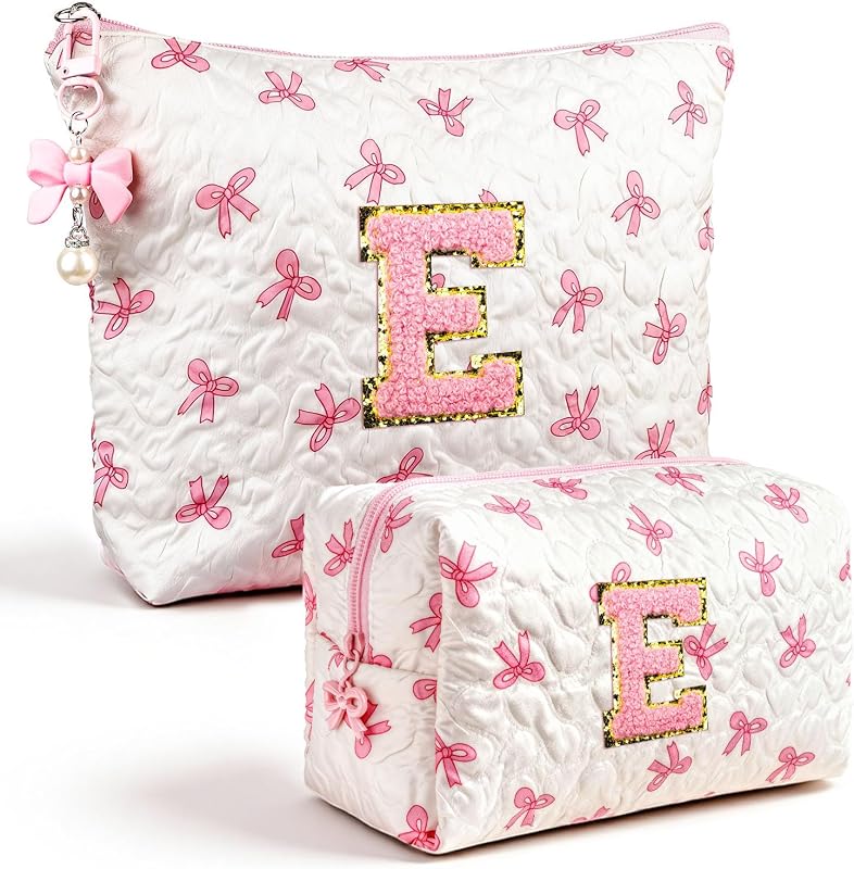 Necessaire de maquiagem Giftota com inicial E, estampa de laço e borboleta, em veludo cotelê, pacote com 2