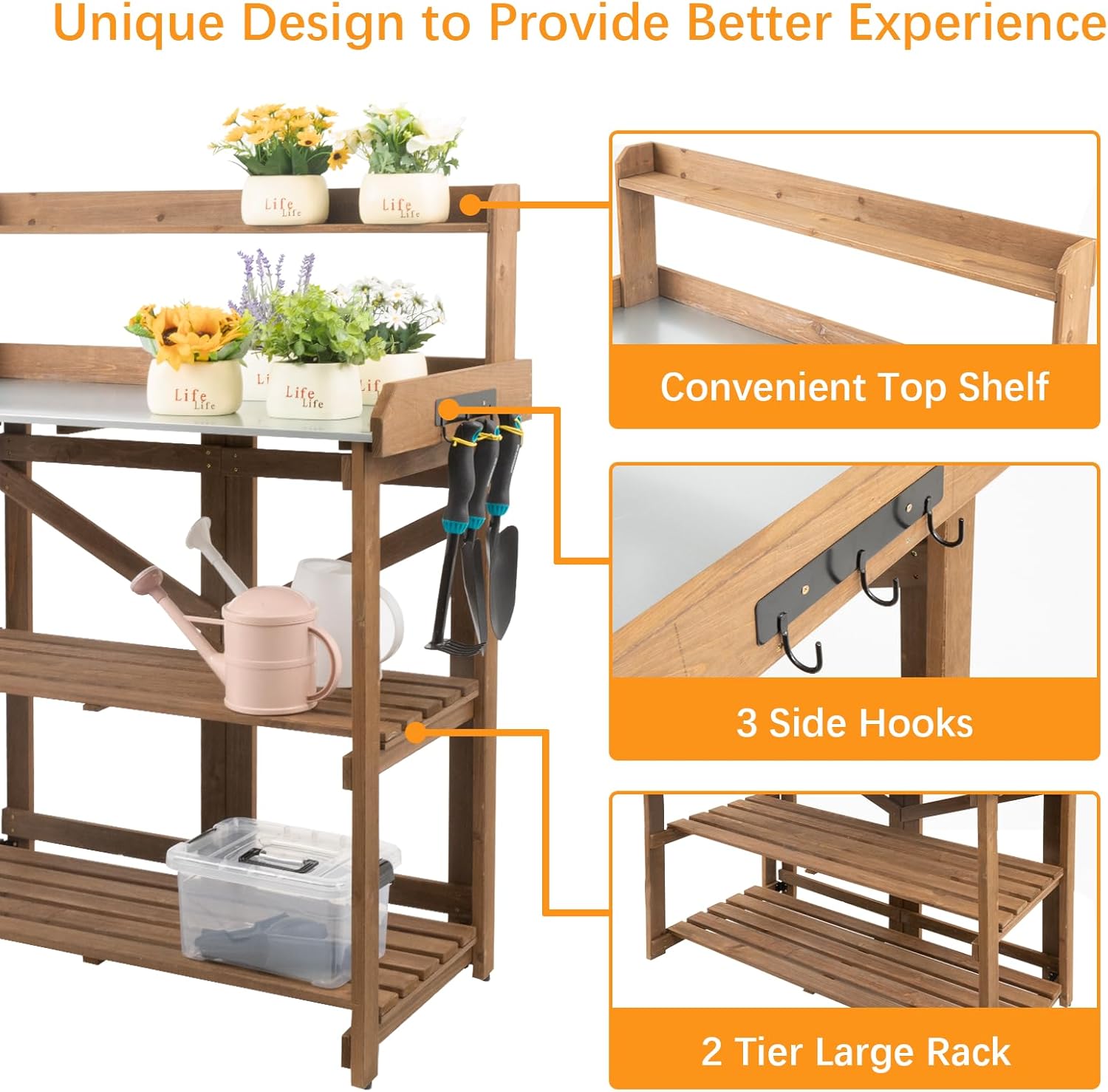 Ketive Folding Potting Bench Table,Outdoor Potting Bench Garden Wooden Potting Table,Fir Wood Workstation Planting Table with Galvanized Tabletop,2 Tier Storage Shelves,Top Shelf(Brown)
