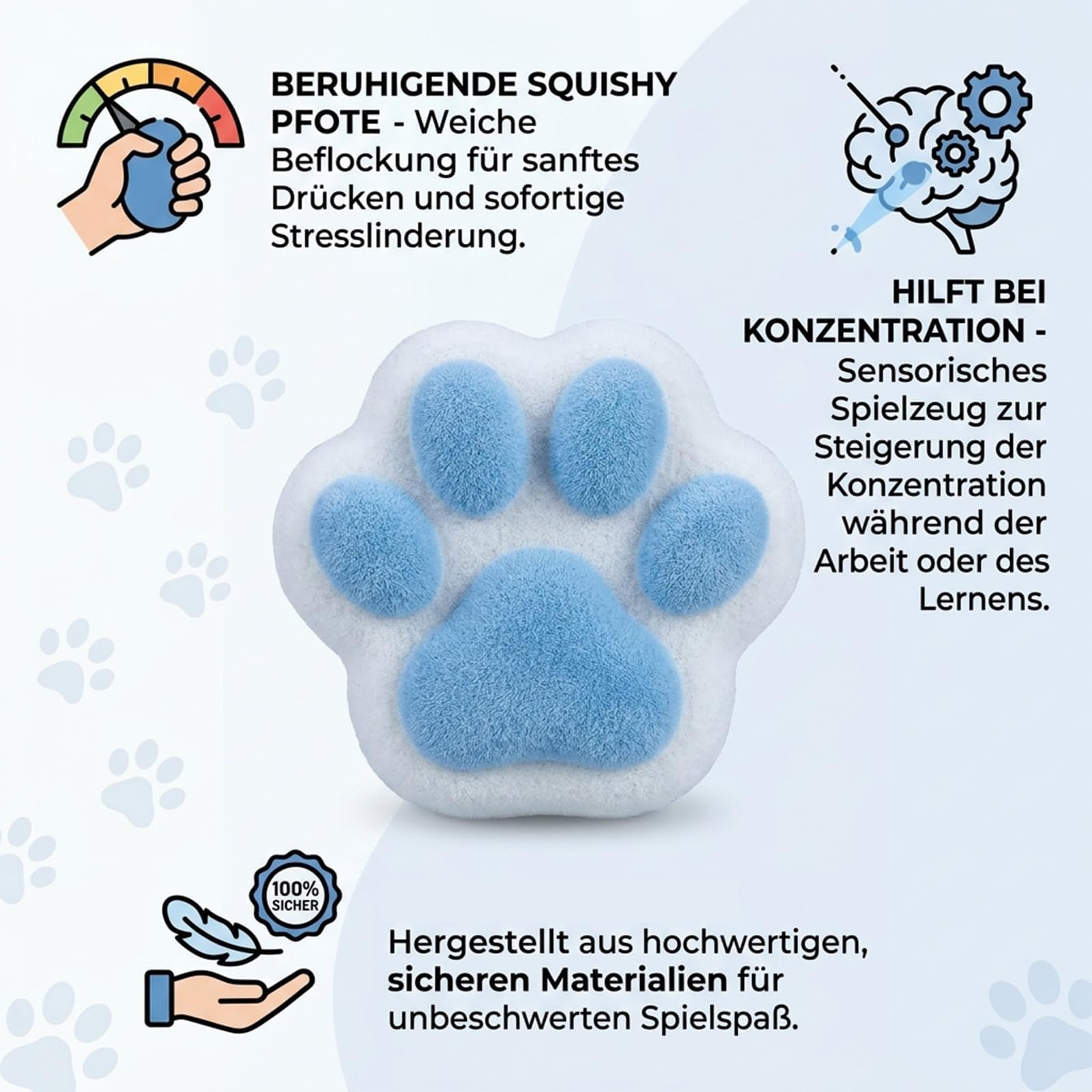 Squishy Pfote, Katzenpfoten Squishy, Entspannung anbieten für Büroarbeiter, Taba Squishy in Blau mit 12 cm Größe, Hilfsmittel zur Konzentrationsförderung und Entspannung