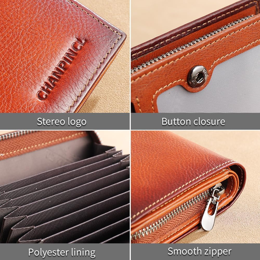 mens zipper leather rfid blocking buckle wallet with Large capacity card slot with multiple banknote slots (Yellowish brown) - Image 6