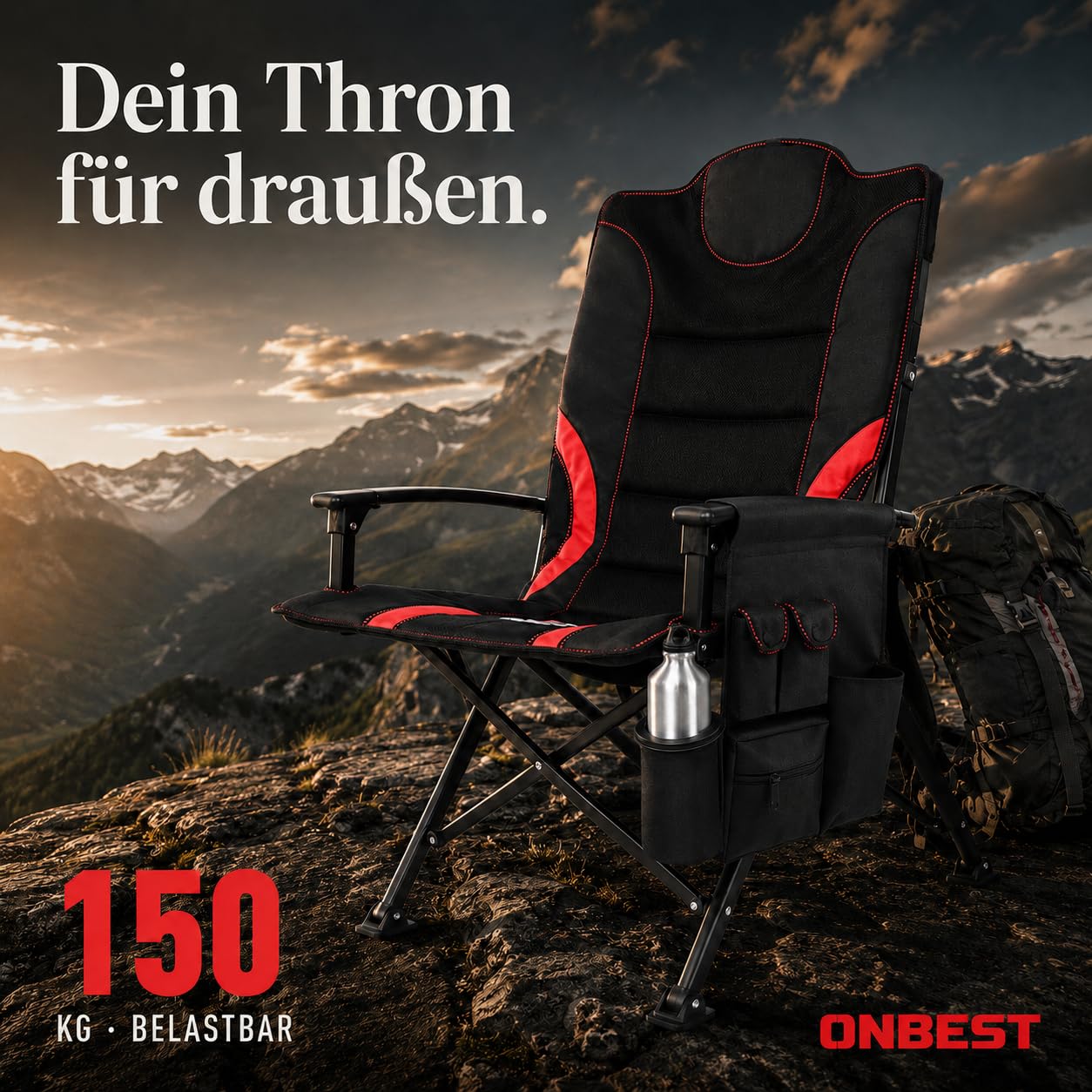 Onbest Campingstuhl faltbar, Hochlehner bequem gepolstert mit viel Stauraum, Getränkehalter, 2 Armlehnen, bis 150 kg belastbar, Klappstuhl kompakt & leicht mit Tasche, Camping Stuhl