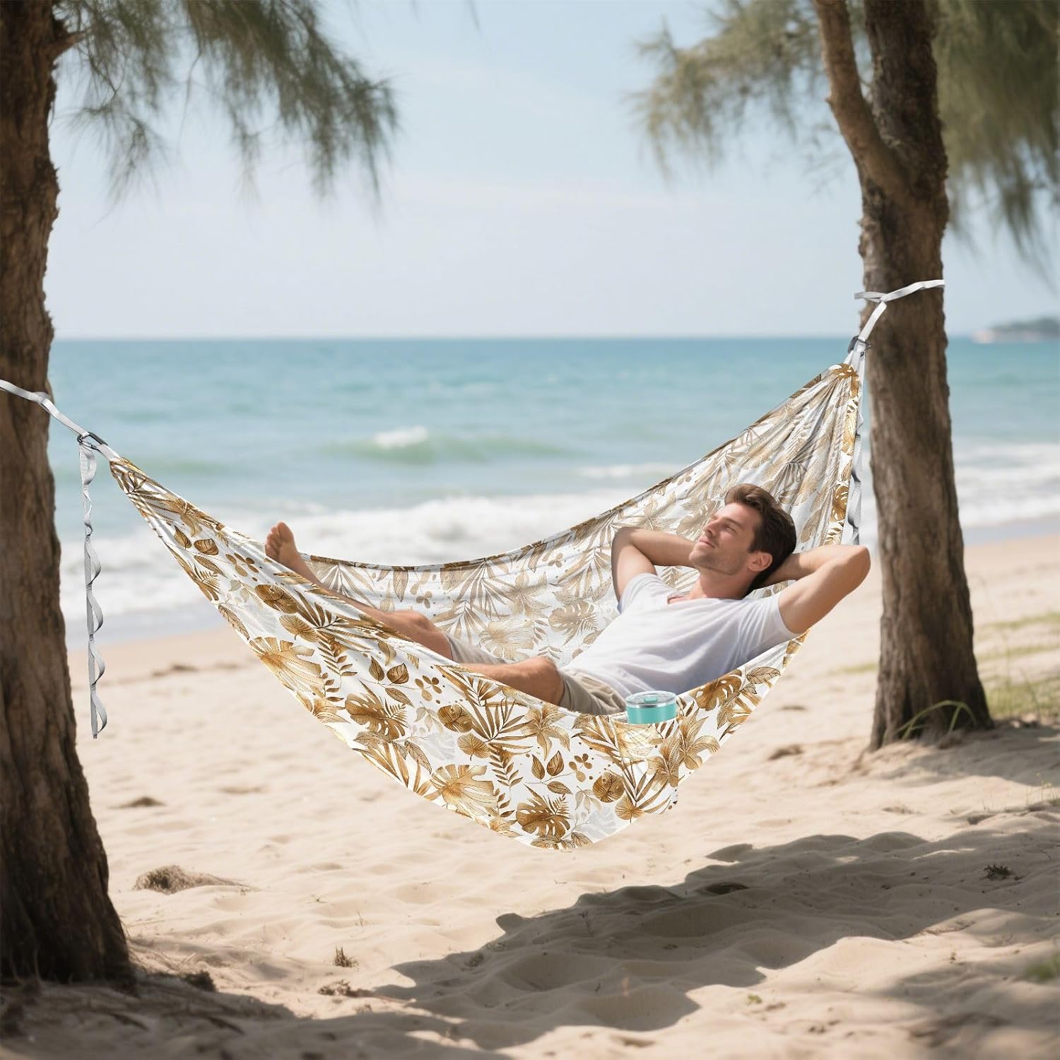 ALAZA Brown Gold Palm Leaves Camping Hammocks Single or 2 Person 500 lbs Portable Parachute Travel Hammock w/Tree Straps for Hiking Backpacking Indoor Outdoor