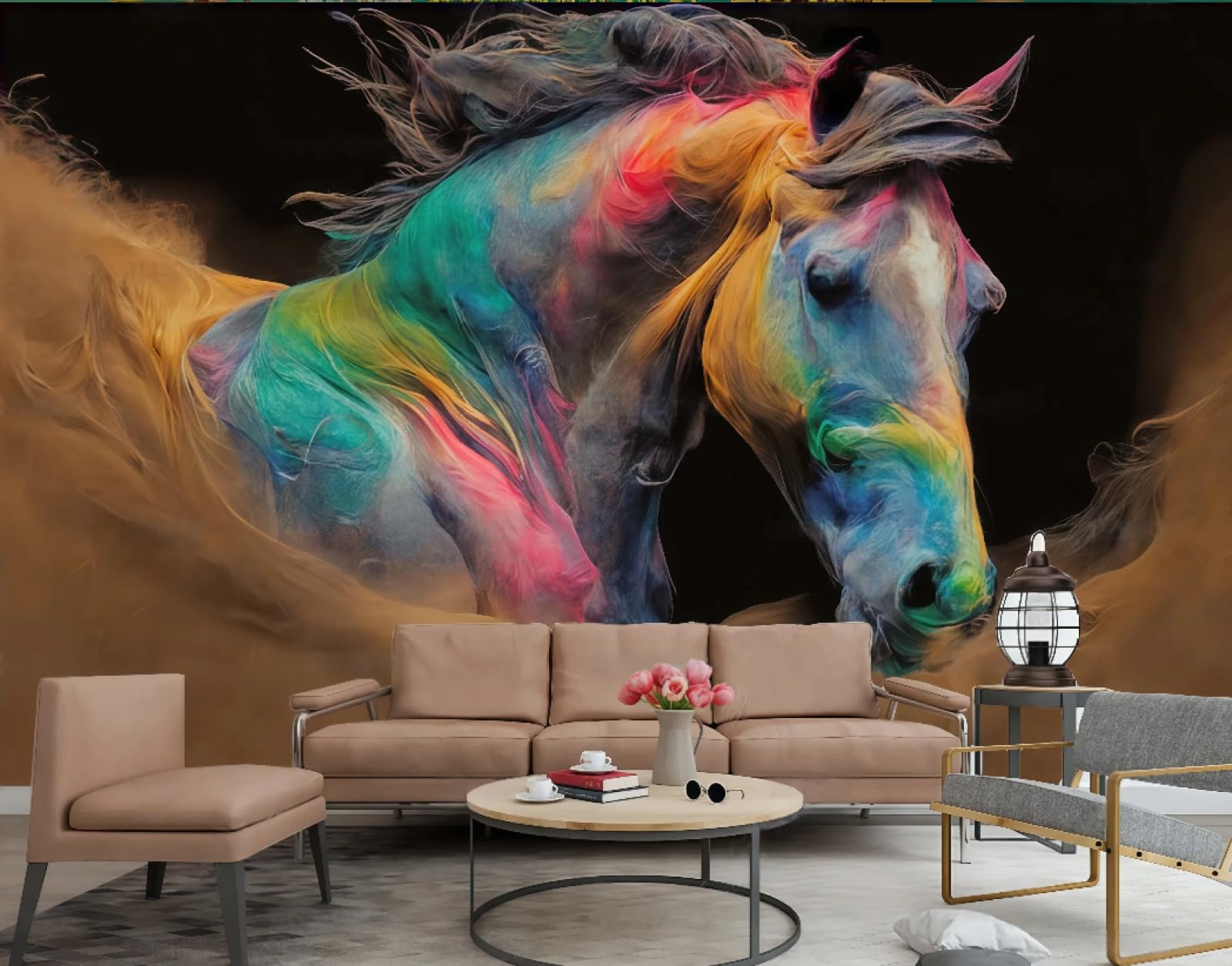 Tapeta nowoczesna abstrakcyjna kolorowa sztuka pomarańczowy i zielony kolor malowany konia reliefowy obraz TV sofa tło tapeta ścienna salon restauracja kawiarnia mural, 3D, 150 x 105 cm