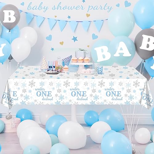 Miniatura 6 de 6 manteles desechables de plástico de Navidad de invierno para primer cumpleaños, diseño de copos de nieve azul y plateado, para decoración de