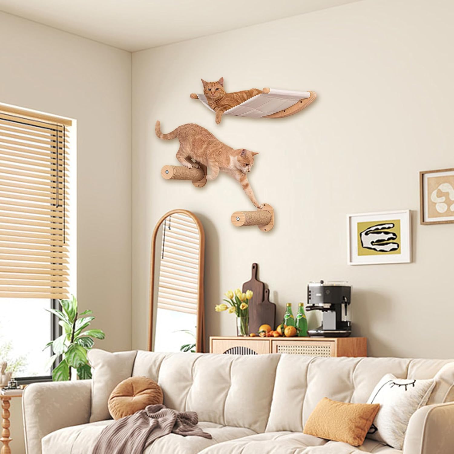 Cat Hammock with Cat Wall Steps 3Pcs/Set Scratch Resistant Wall Shelves Spacing Saving Exercising Resting Climbing Shelves for Home Steps Hammock Climbing