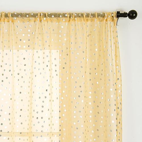 Miniatura 3 de Deeprove Juego de 2 paneles de cortinas traslúcidas amarillas de 84 pulgadas de largo, estampado de lunares metálicos plateados, tratamientos de