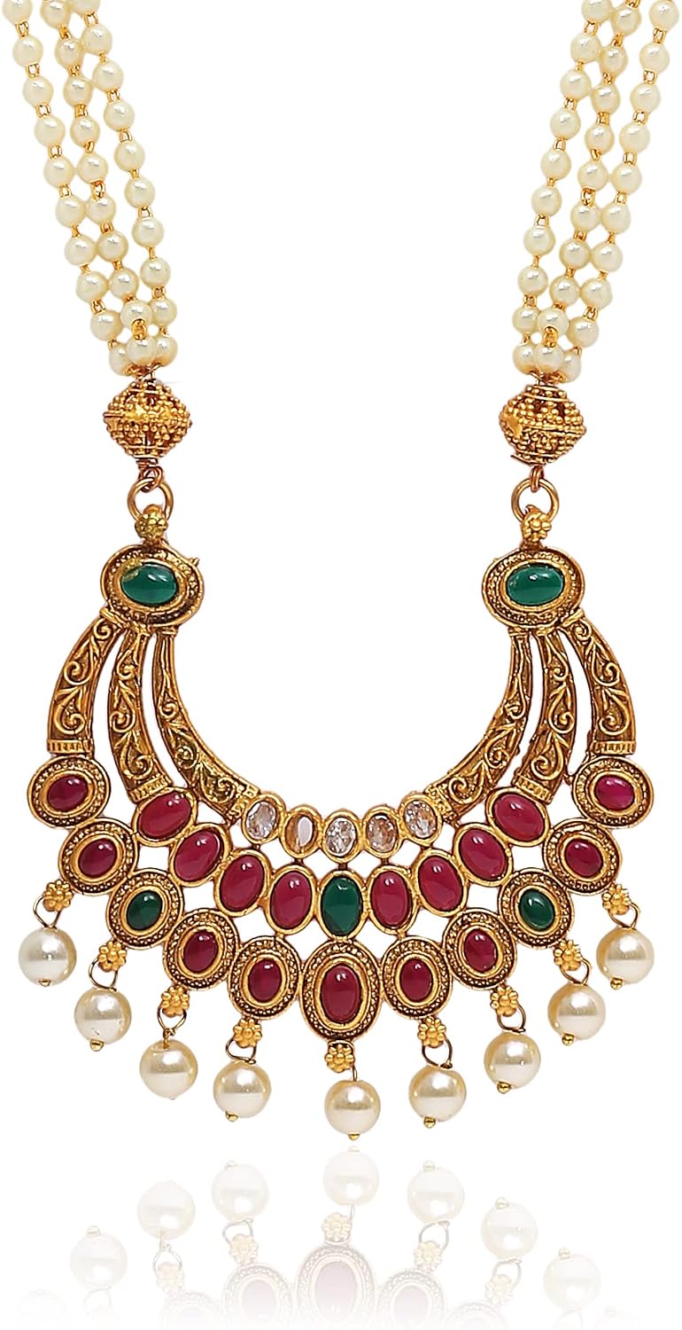 I Jewels Gold Plated Indain Wedding Bollywood Temple Jewellery Long Necklace With Earrings For Women