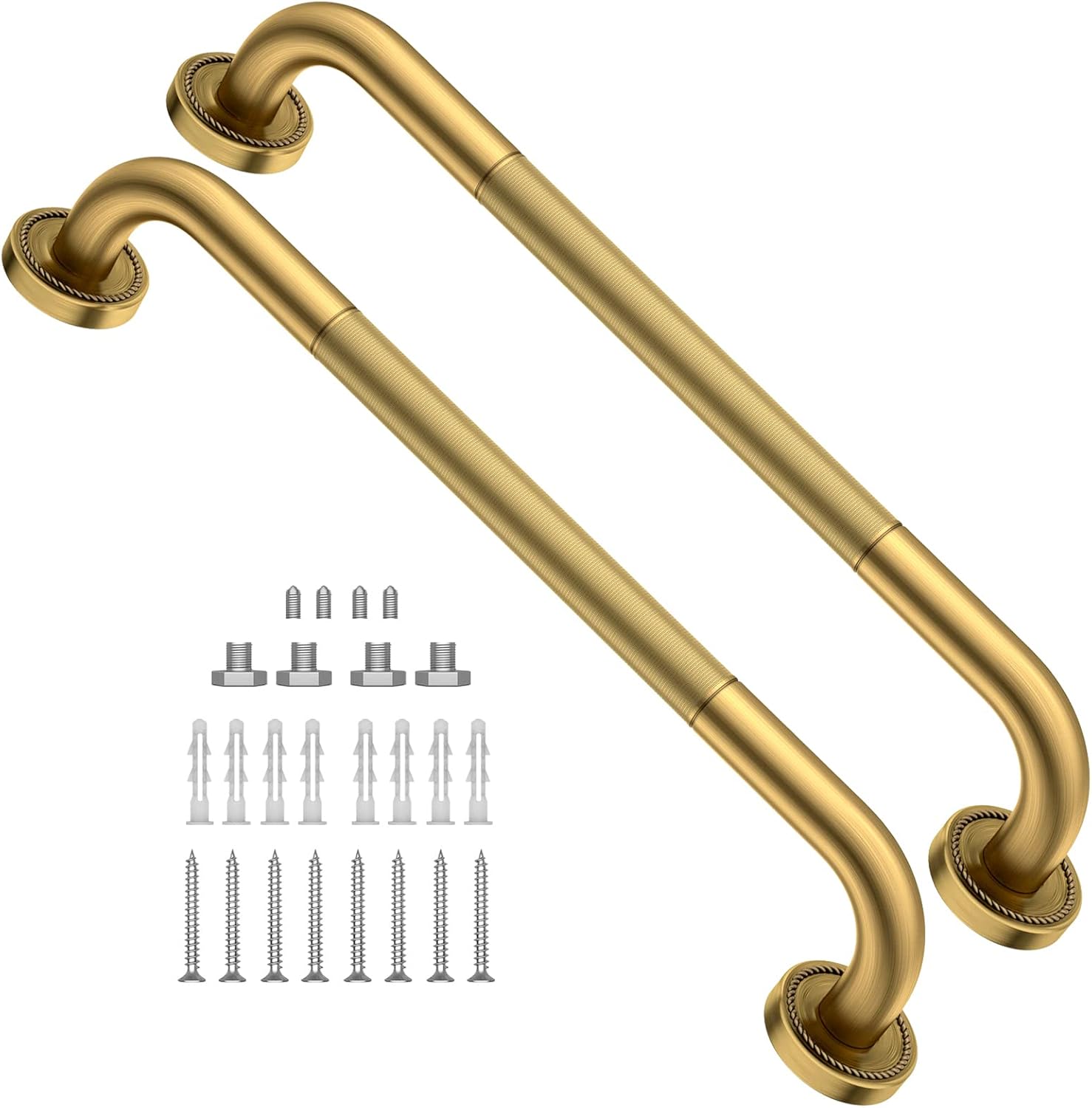 2 Pack 20 Inch Anti Slip Bronze Shower Grab Bar Polished Gold,ZUEXT Antique Brass Bathroom Grab Bar, Knurled Balance Bar,Safety Hand Rail Support Handicap Elderly Injury Senior Assist Bath Handle