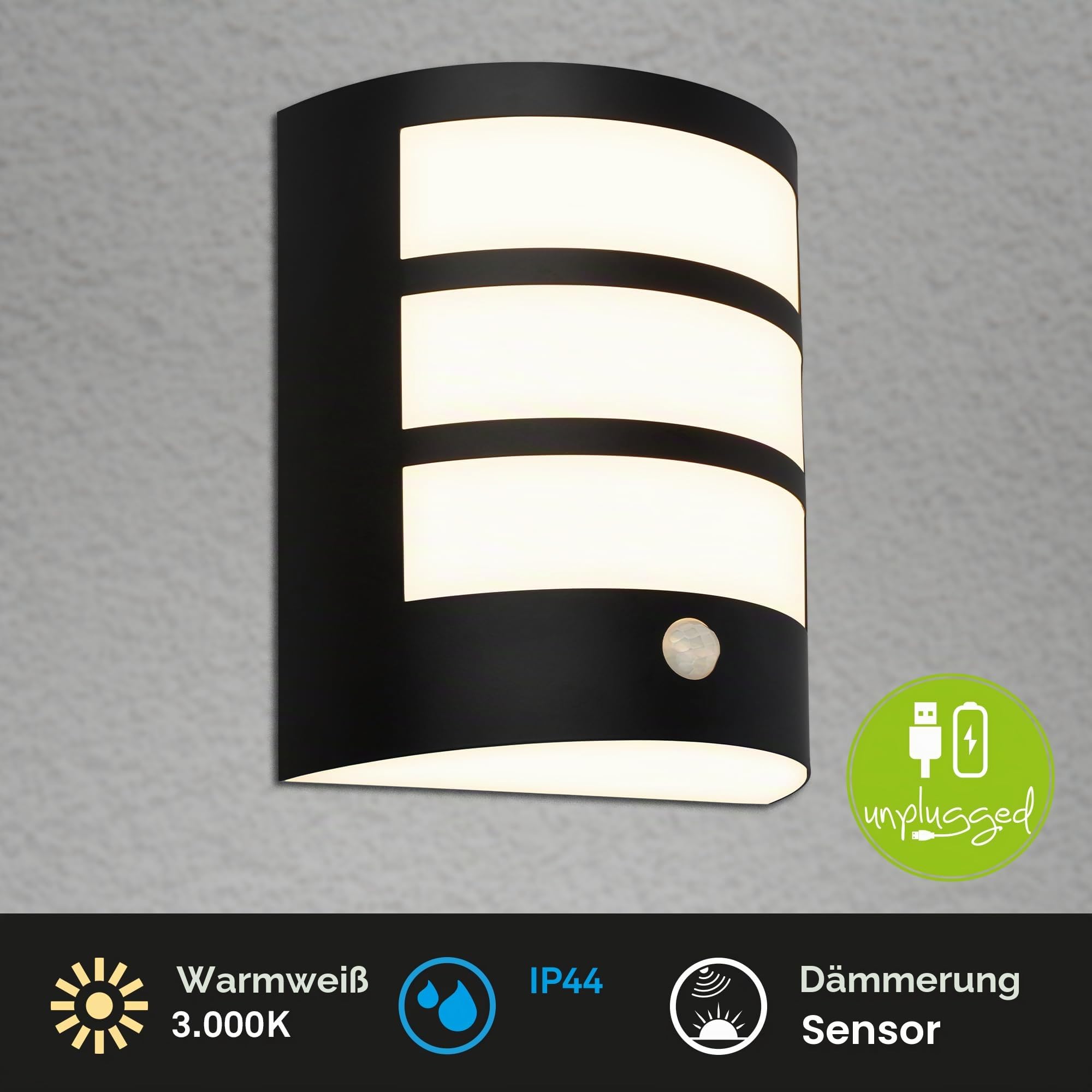 BRILONER - LED Wandleuchte ohne Stromanschluss mit Bewegungsmelder, Dämmerungssensor, 20 sek. Timer, Wandlampe Akku, Wandbeleuchtung außen, Außenleuchte, Outdoor Lampe, 18x15x7 cm, Schwarz