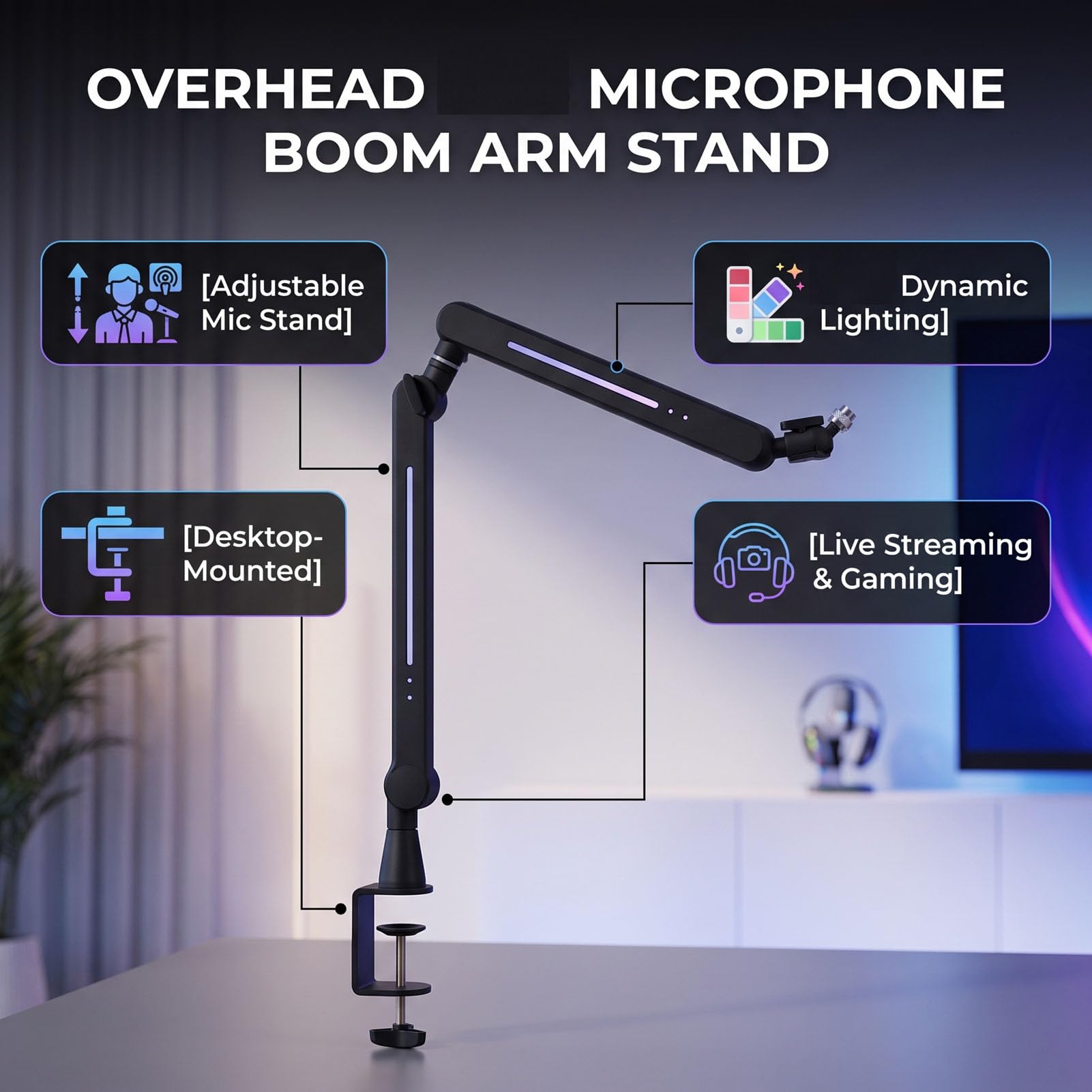 Luocute Supporto per Microfono da Soffitto con Braccio a Braccio RGB Mic con Gestione dei Cavi