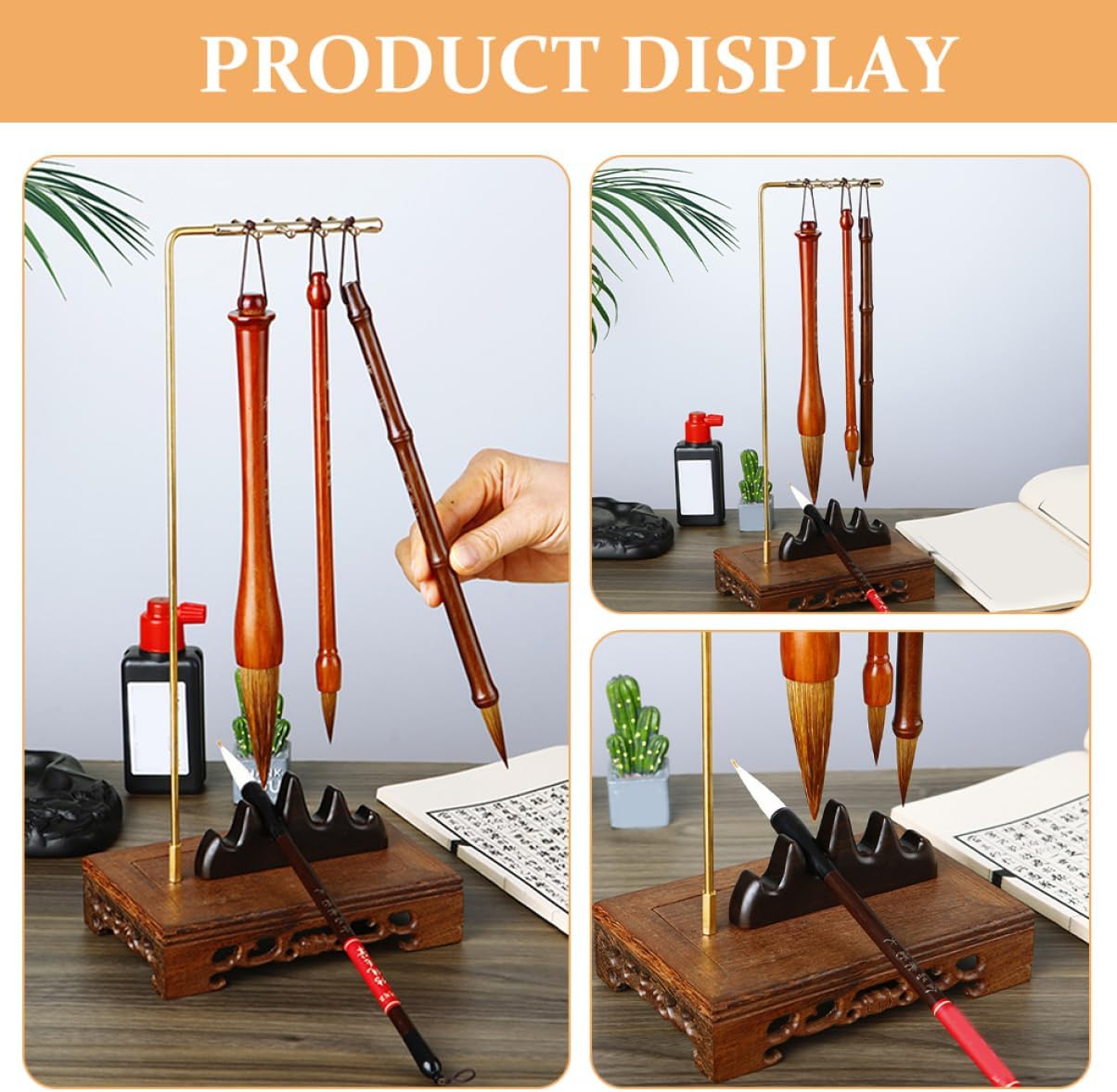Wooden Calligraphy Brush Holder Multi-functional Chinese Brush Hanging Rack for Home Office Decor Easy Installation Vintage Design for Art Students Calligraphy Enthusiasts