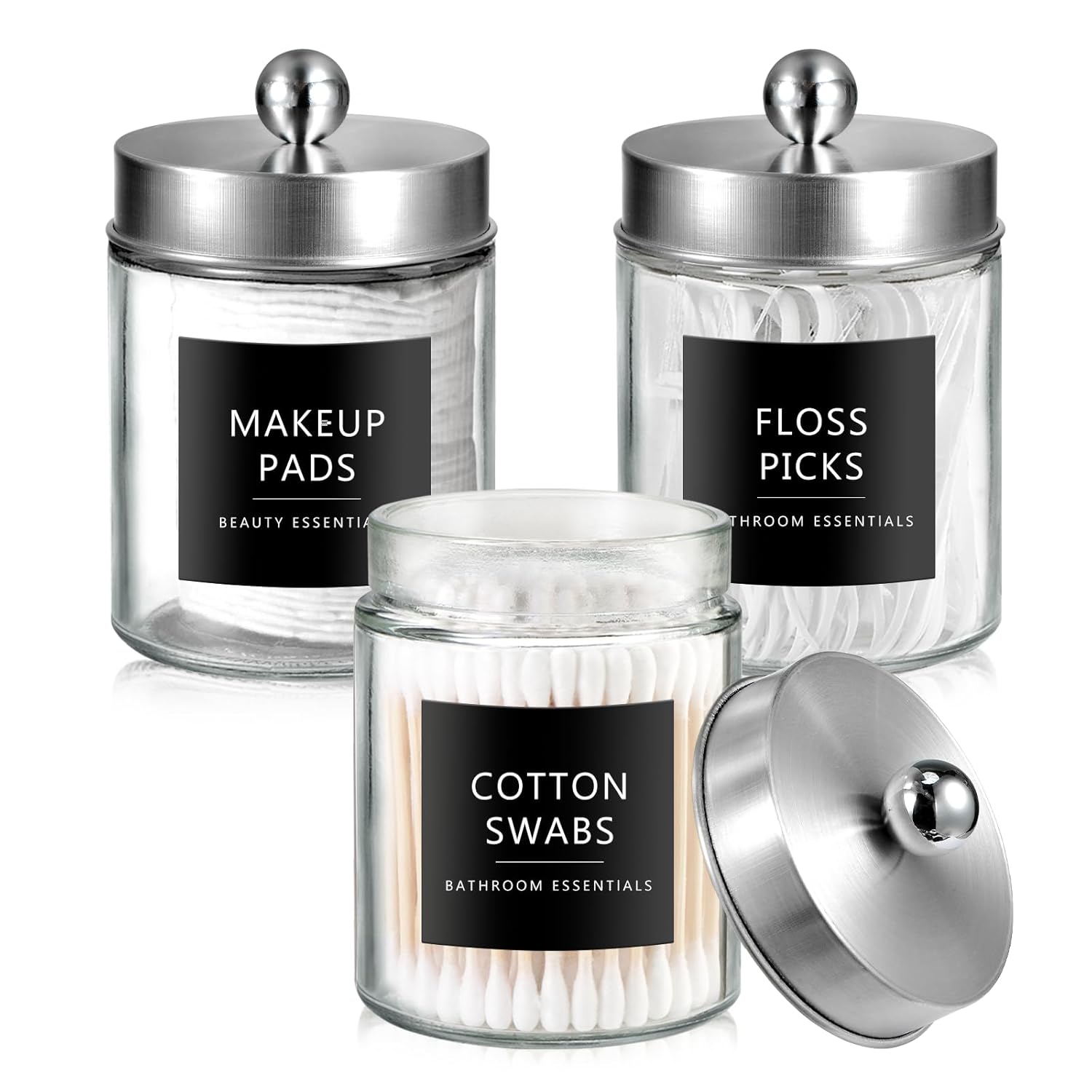 SheeChung 3-Pack Brushed Nickel Glass Apothecary Jars - Rust-Proof Stainless Steel Qtip Holder Set - Farmhouse Bathroom Vanity
