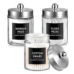 SheeChung 3-Pack Brushed Nickel Glass Apothecary Jars - Rust-Proof Stainless Steel Qtip Holder Set - Farmhouse Bathroom Vanity