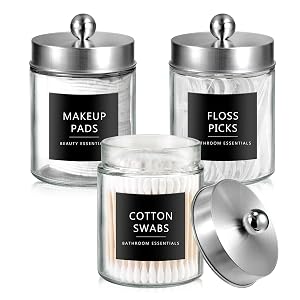 SheeChung 3-Pack Brushed Nickel Glass Apothecary Jars - Rust-Proof Stainless Steel Qtip Holder Set - Farmhouse Bathroom Vanity
