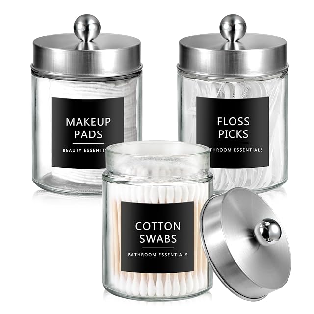 SheeChung 3-Pack Brushed Nickel Glass Apothecary Jars - Rust-Proof Stainless Steel Qtip Holder Set - Farmhouse Bathroom Vanity
