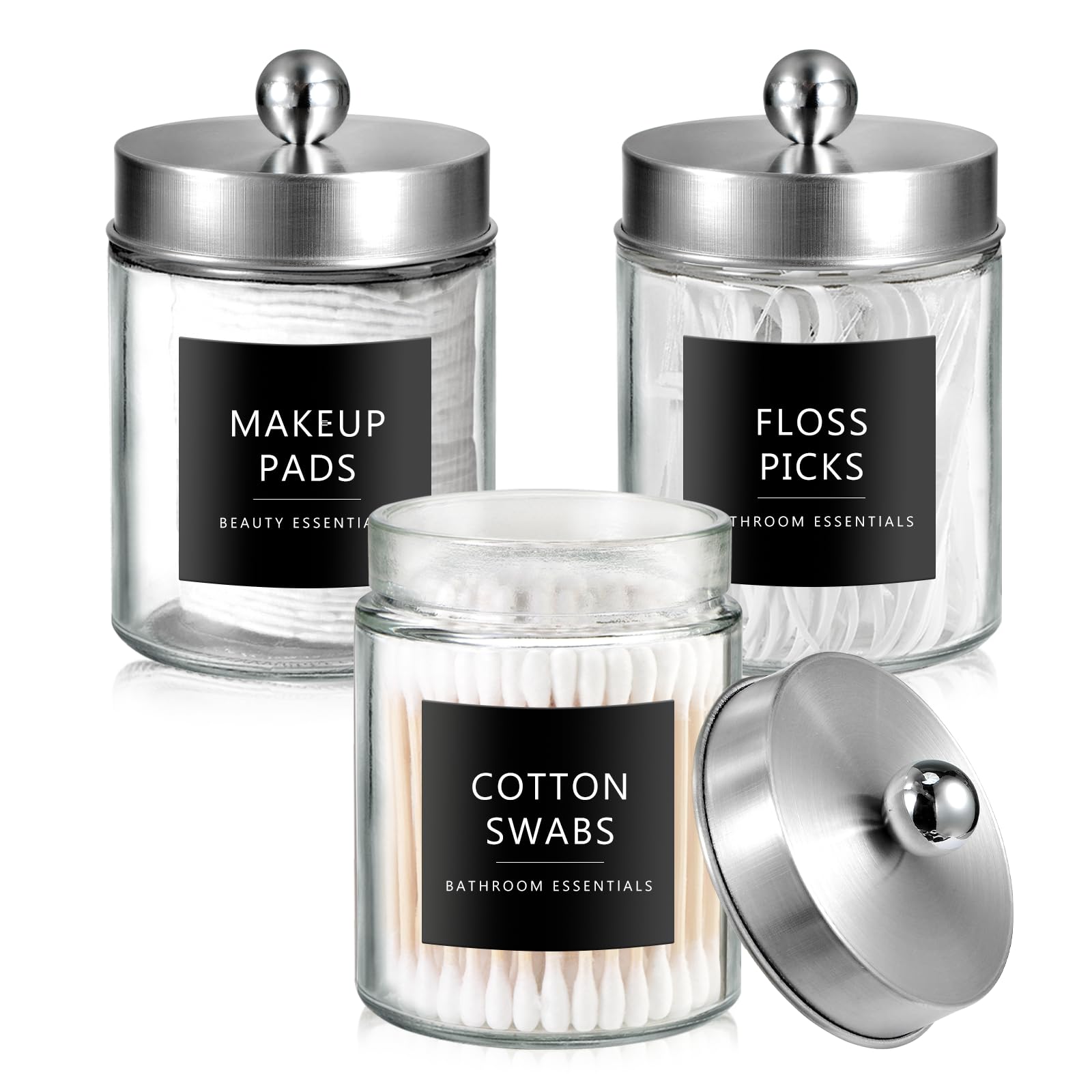 SheeChung 3-Pack Brushed Nickel Glass Apothecary Jars - Rust-Proof Stainless Steel Qtip Holder Set - Farmhouse Bathroom Vanity