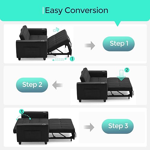 Miniatura 4 de LINSY Sofá cama convertible 3 en 1, sofá cama extraíble de 54 pulgadas con estación de carga y soporte para tazas, sofá biplaza plegable pequeño con