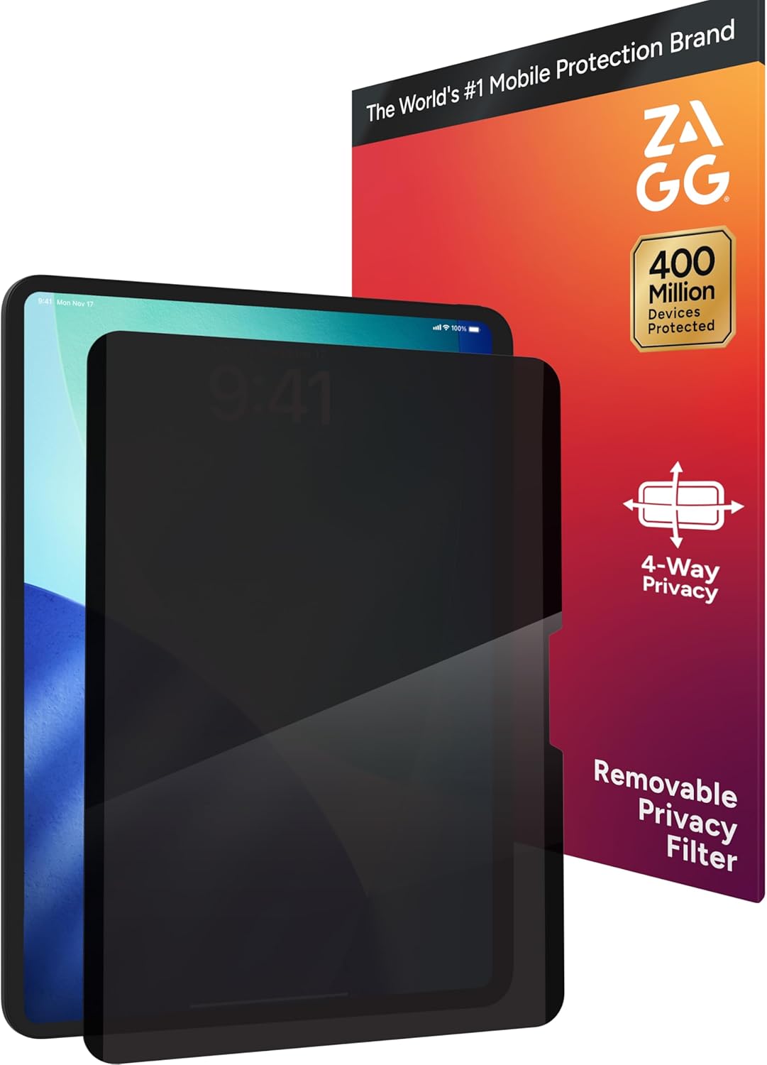 ZAGG Privacy Filter for iPad 13" Air (M4)/(M3)/(M2) - Removable Magnetic 4-Way Privacy Screen Filter, Anti-Glare Matte Finish, Fingerprint Resistant, Reusable Design & Protective Sleeve