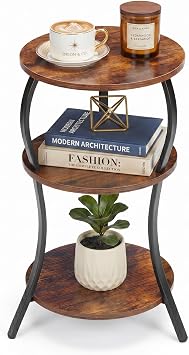 Vintage Small Round Side Table, 3-Tier Slim Waist Circular End Table with Storage Shelf, Compact Tea Sofa Table, Round Corner Coffee Table Nightstand for Living Room Bedroom Small Spaces,Rustic Brown