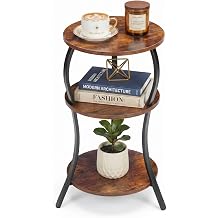 YEAKOO Vintage Round Side Table, 3 Tier Slim Waist End Table with Storage Shelf, Compact Tea Table beside Sofa Bed Corner Coffee Table Night Stand for Living Room Bedroom Small Spaces, Rustic Brown