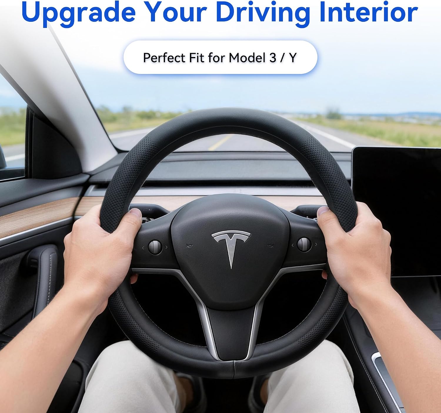 Steering Wheel Cover Fits Model 3 2019-2025/Model Y 2020-2026, Leather Steering Wheel Protector Compatible with Tesla, Non-Slip Soft-Touch Breathable Round Cover for Car Steering Wheel