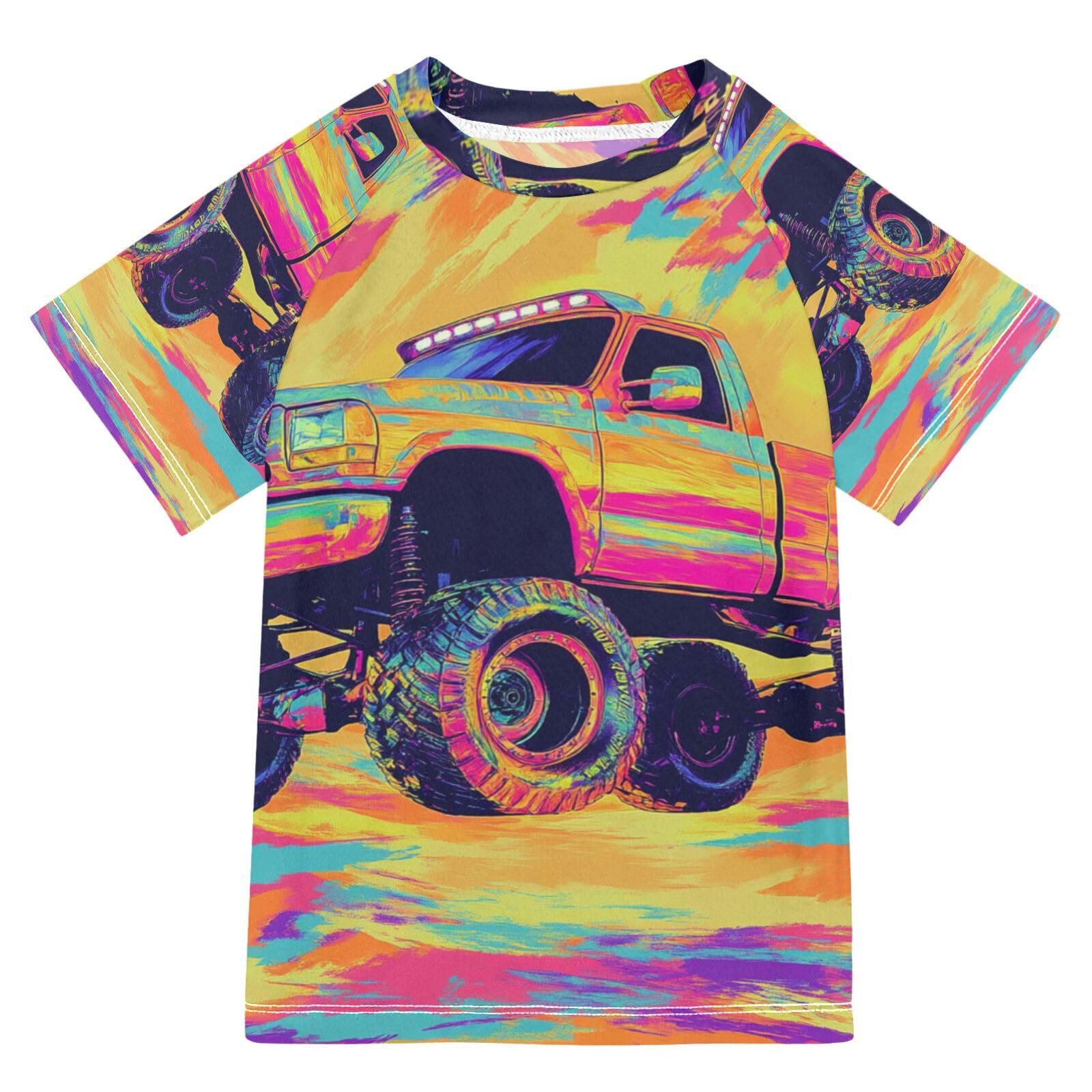 Jucciaco Boys Swimsuit Doodle Monster Truck Pattern Sunscreen Kids Sun Rashguard Short Sleeve T-Shirts Swimwear Sets UPF 50+ Multicoloured