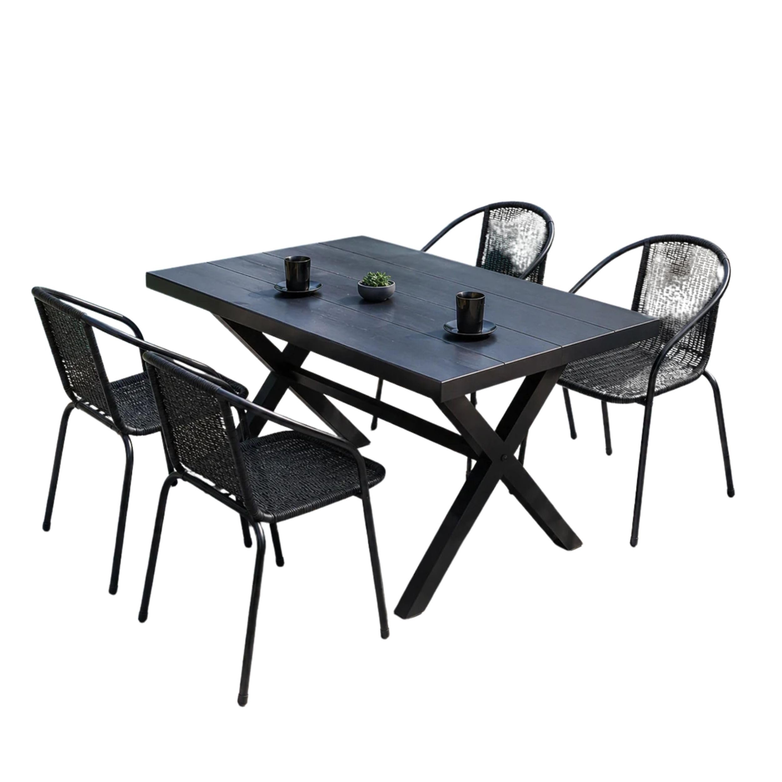 Viron Set Pranzo Esterno da 4 Persone Tavolo 90x130x74h cm e 4 Sedie da Giardino in Alluminio, Legno Composito e Rattan Nero Opaco