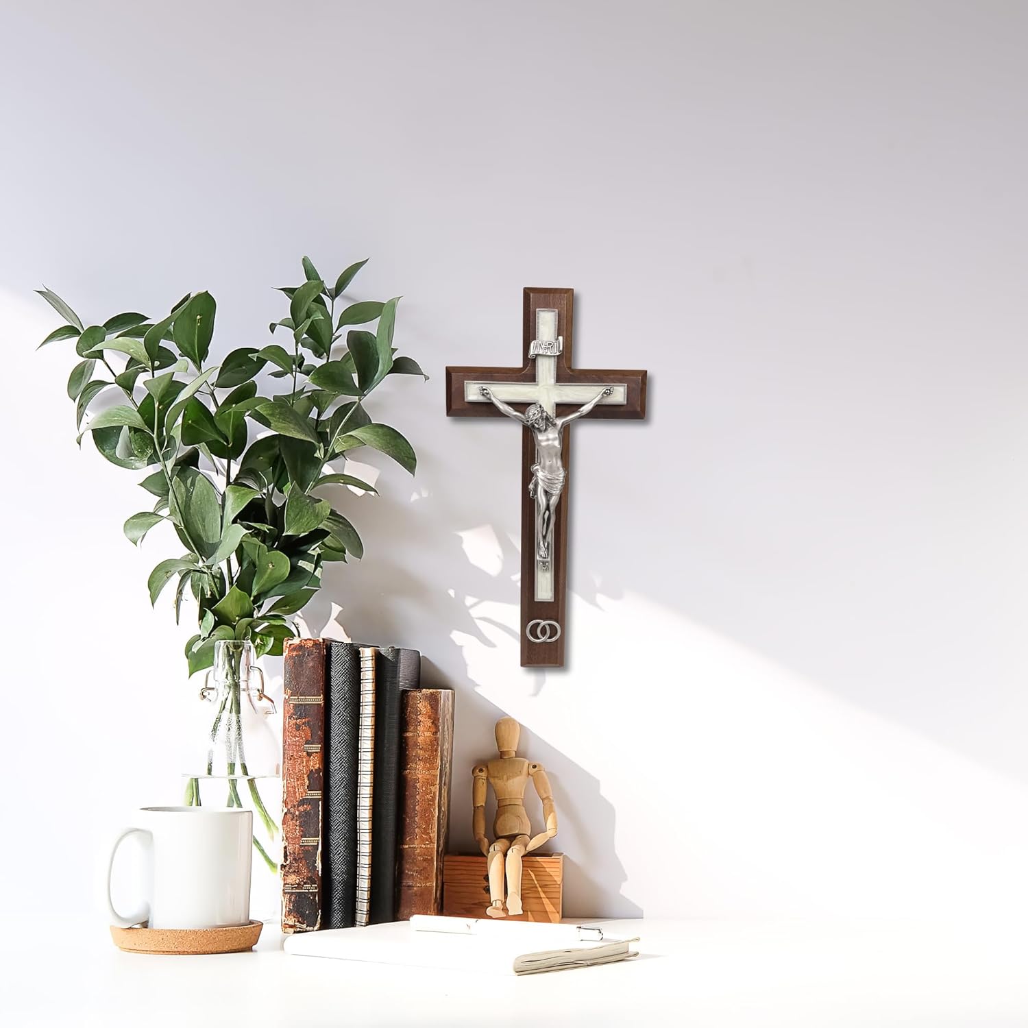 Needzo Walnut Wood Crucifix with Pewter Corpus and Wedding Rings, Marriage Gifts for Couples, Religious Ceremony, 10 Inches