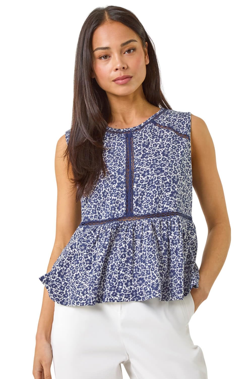 Roman Women's Petite Floral Print Trim Vest Top in Navy | Size: 16