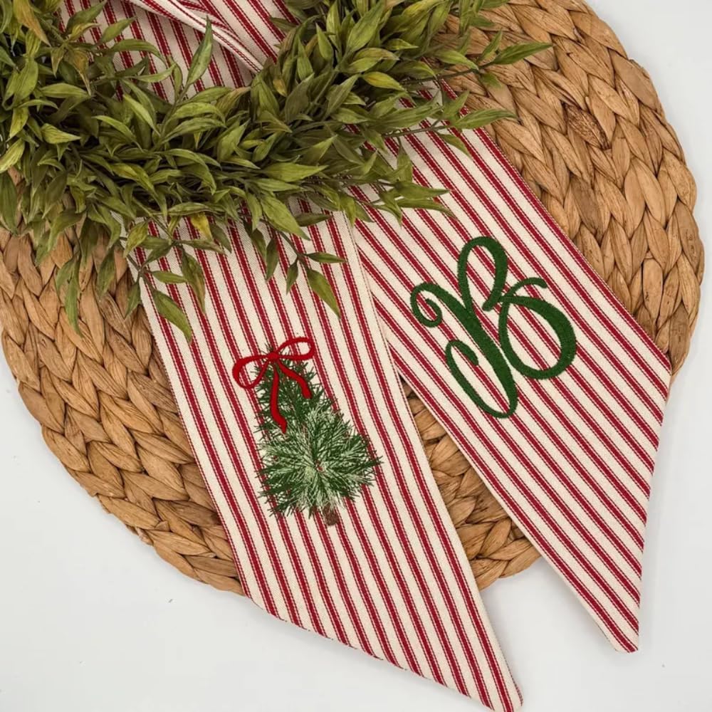 Christmas Wreath Sash with Personalized Letter Monogram, Embroidered Initial Christmas Bow, Linen Plaid 52" x 5", Winter Holiday Decor for Front Door (Christmas Plaid 1)