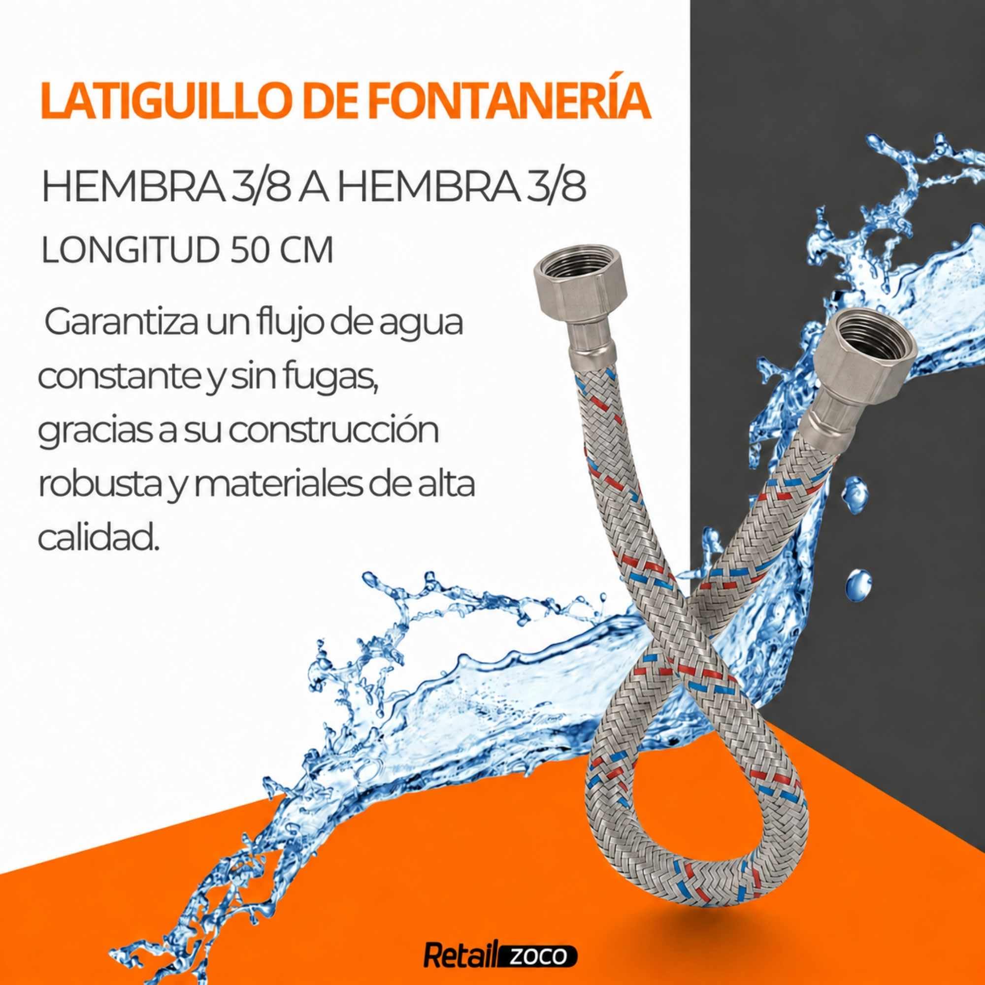 Latiguillo de Fontanería Hembra 3/8” x Hembra 3/8”, Longitud 50 cm - imagen 3