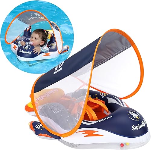 Swimbobo - Flotador inflable para bebé con soporte inferior seguro y toldo de tela retráctil para nadar más seguros (azul espacial, grande)