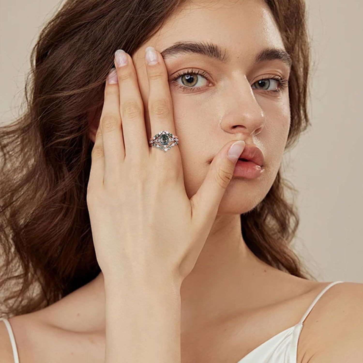 3PCS Natural Moss Agate Wedding Ring Set Bridal Sets for Women,Platinum Plated Silver Green Moss Agate Moissanite Engagement Ring Sets with Moons Jewelry Gift for Anniversary Wedding Birthday