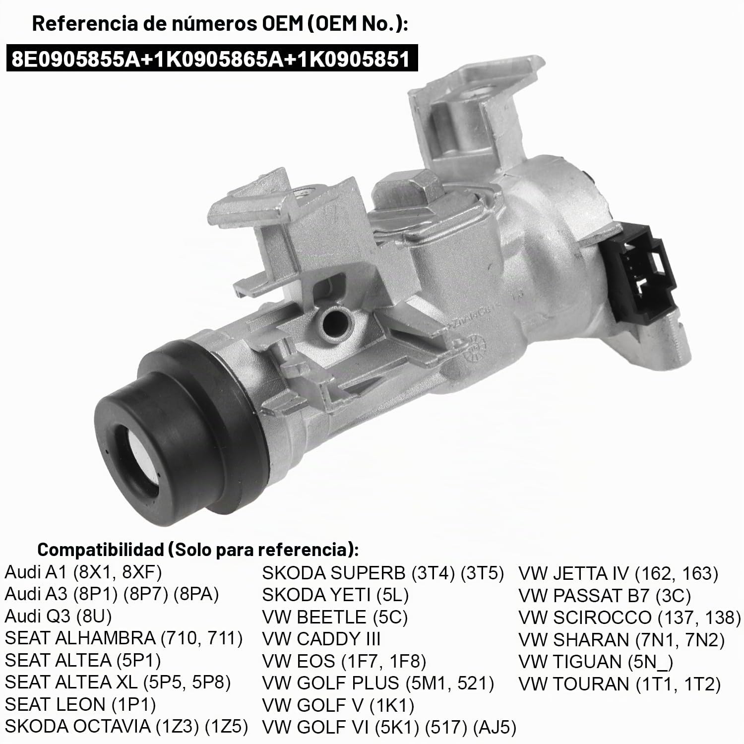 YAOPEI Interruptor de encendido con cilindro de bloqueo de encendido 8E0905855A+1K0905865A+1K0905851 ZC