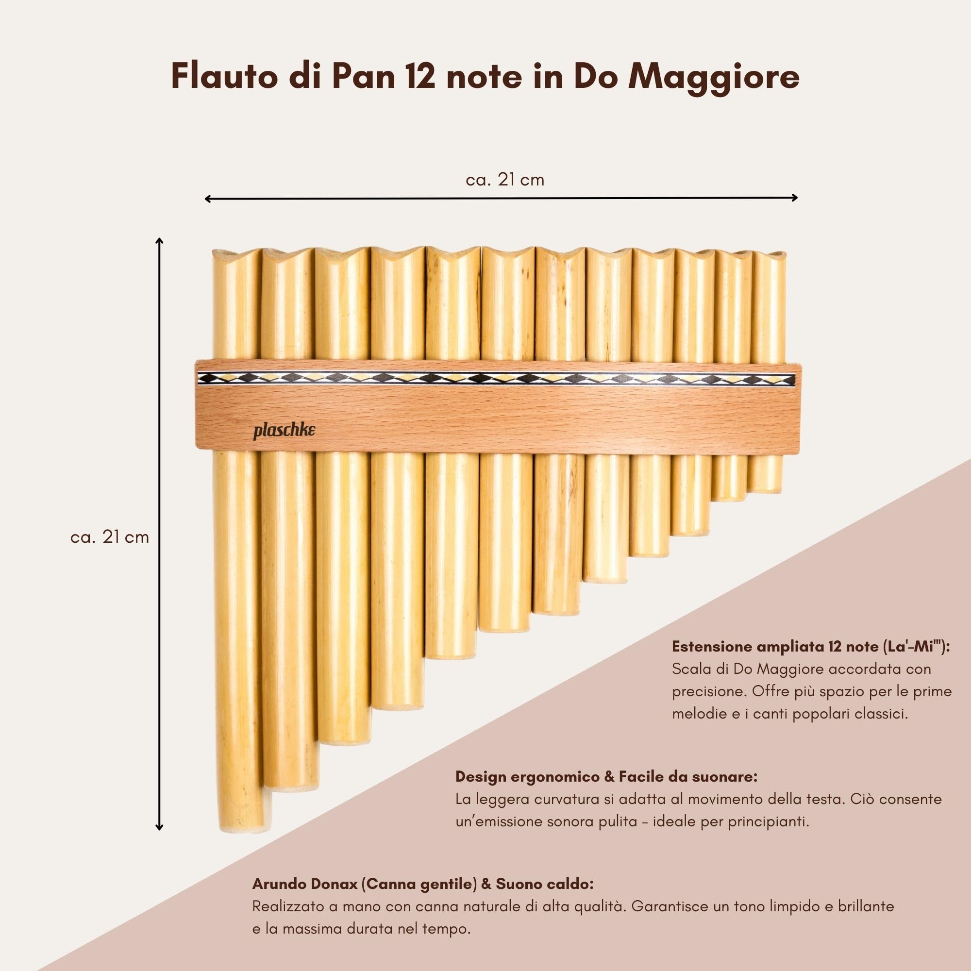 Plaschke Flauto di Pan 12 Note in Do Maggiore - Set per Iniziare con Manuale - Qualità Artigianale Altoatesina - Canna Naturale