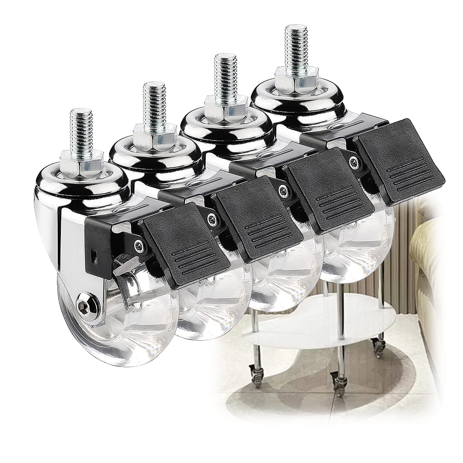 GYRAZXS 50mm Swivel Replacement Wheels with Threaded Stem Silent Rubber Wheels with Brake M8 M10 Bolts Ideal for Carts Furniture Trolleys & Workstations