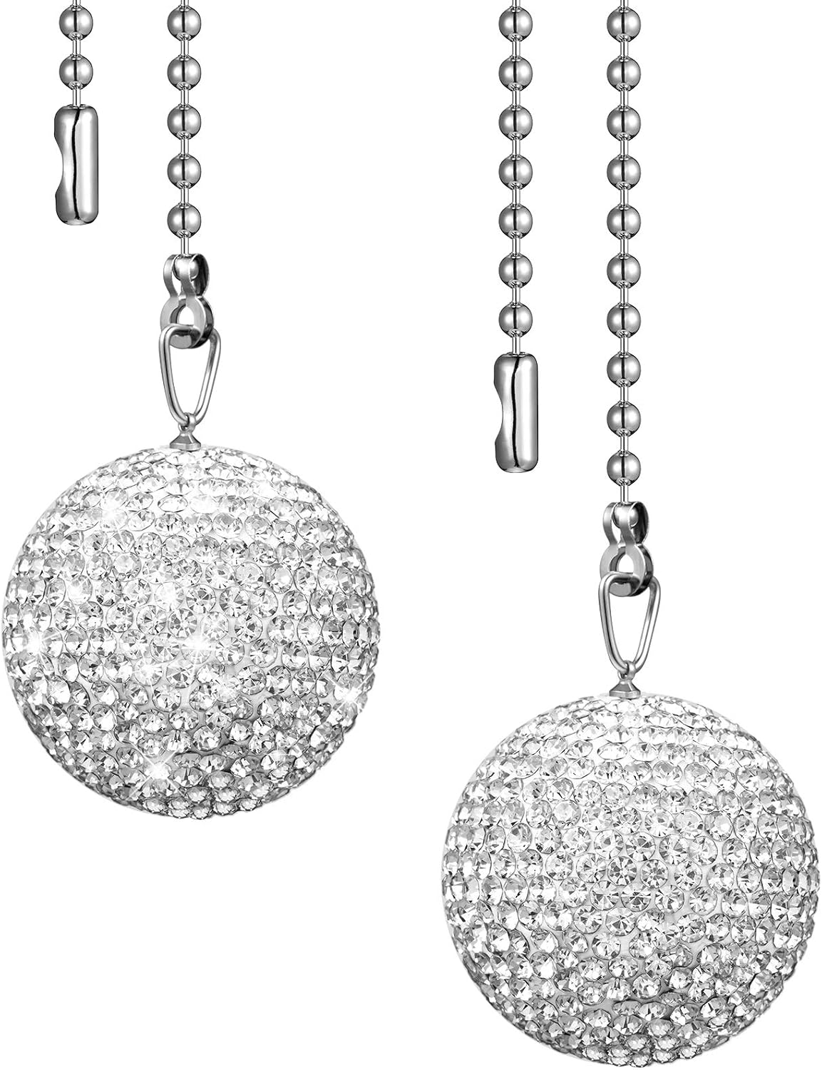 2 Pieces Bling Crystal Rhinestones Ball Pull Chain Each 20 Inch Adjusting Extension Chain for Ceiling Fan Pull Chain Switch Home DIY Ornament (Clear)