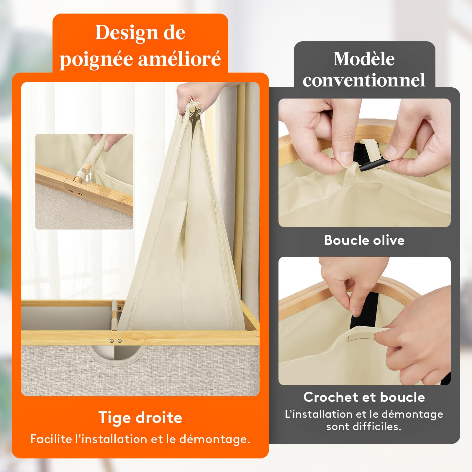 Lifewit Panier a Linge en Bambou, Corbeille a Linge Pliable avec Couvercle, Grand Bac a Linge avec Sacs Amovibles pour Chambre, Salle de Bain, Buanderie, 160 L, Beige