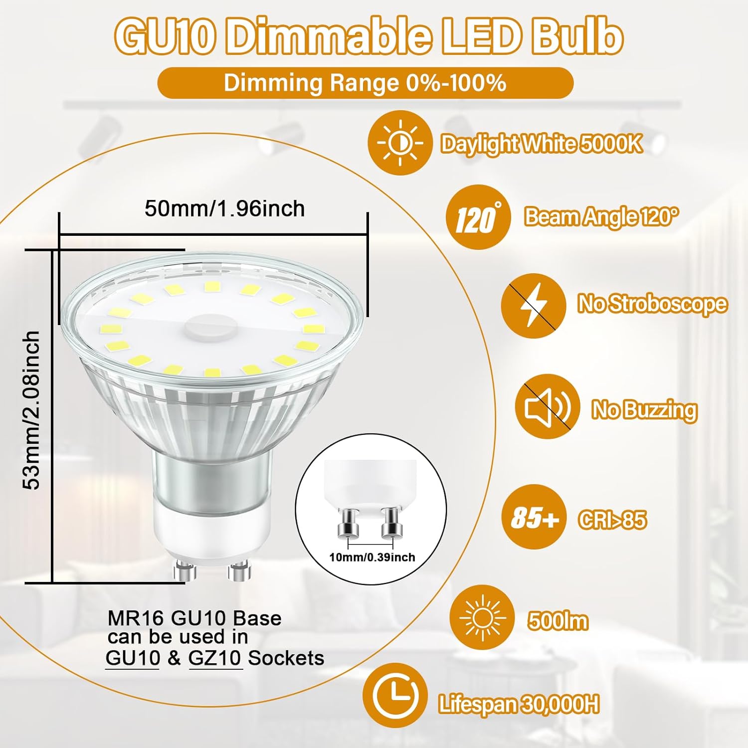 GU10 LED Bulb Dimmable, 50W Halogen Equivalent, 5000K Daylight White, 5W 500LM, MR16 GU10 Bulb Replacement for Recessed Track Lighting, 6 Pack