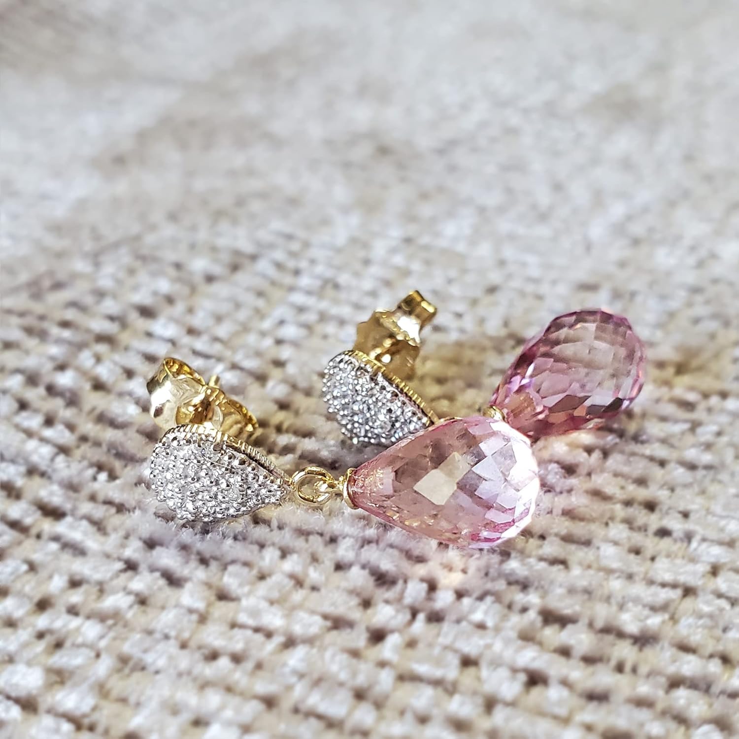 Galaxy Gold GG 14k Solid Gold Earrings with Diamonds and Pink Topaz - Image 2