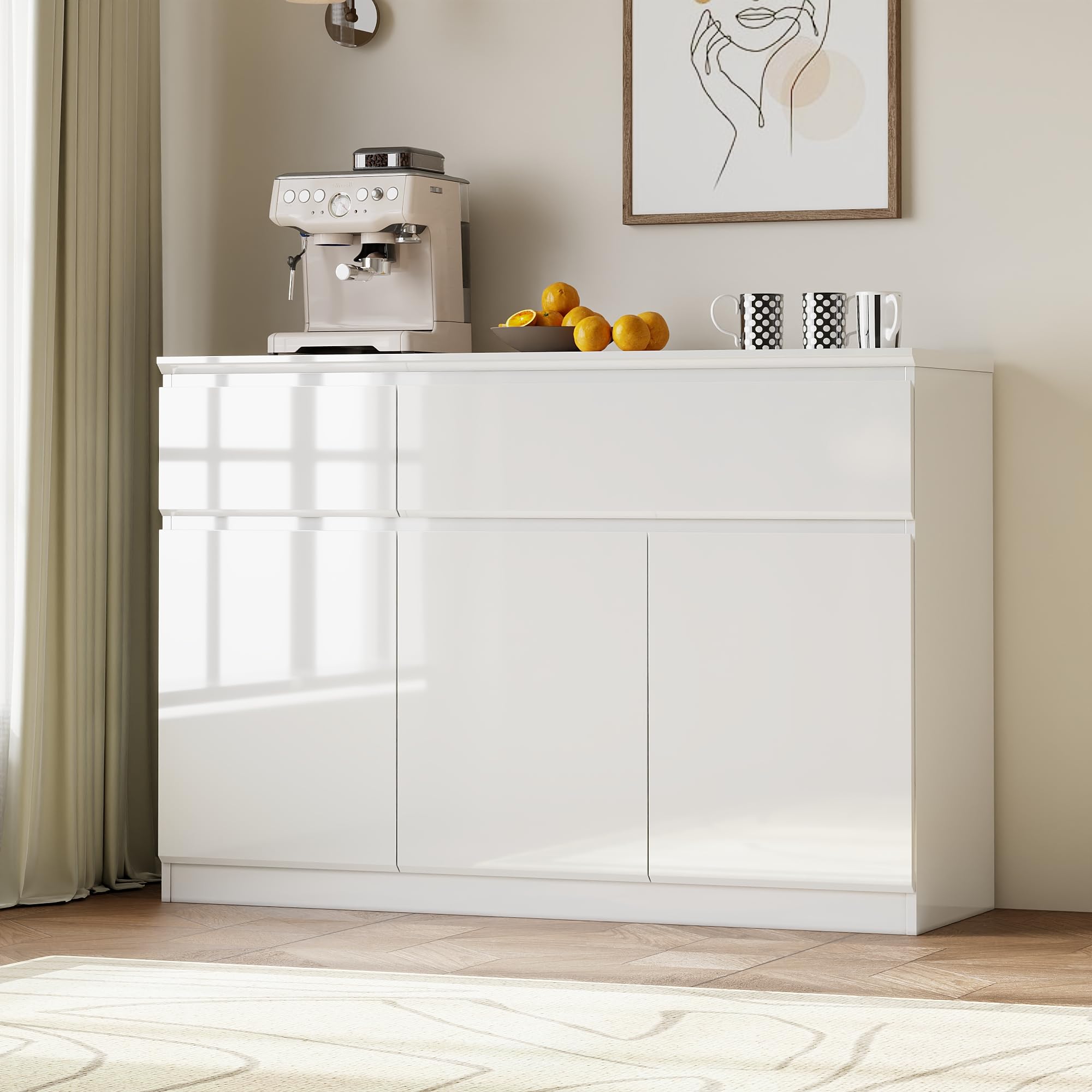 DEZAGCE Modern Sideboard White, High Gloss Buffet Cupboard with 2 Drawers & 3 Doors, Storage Cabinet with Adjustable Shelf for Kitchen Living Room Dining Room Furniture, 40D x 120W x 83H โ image 1