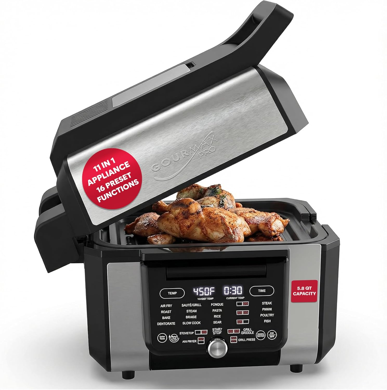 FoodGenie Gourmax Pro All-in-One Smokeless Grill, Air Fryer, Oven, Griddle - 16 Presets, Dual Surface, 5.8Qt, 1500W