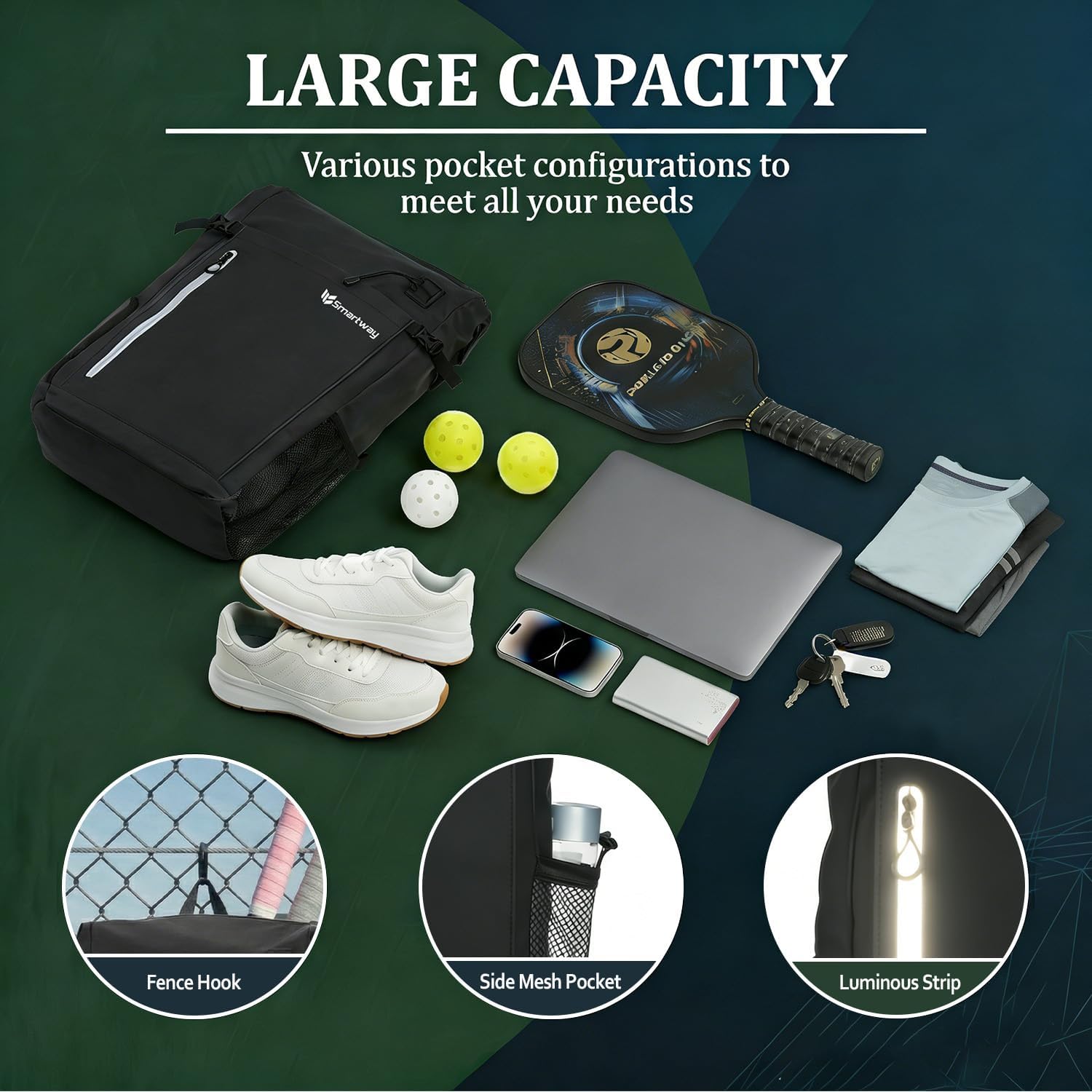 Smartway Waterproof Pickleball Bag With Shoe Compartment - Large Capacity Tennis Racket Backpack For Men Women