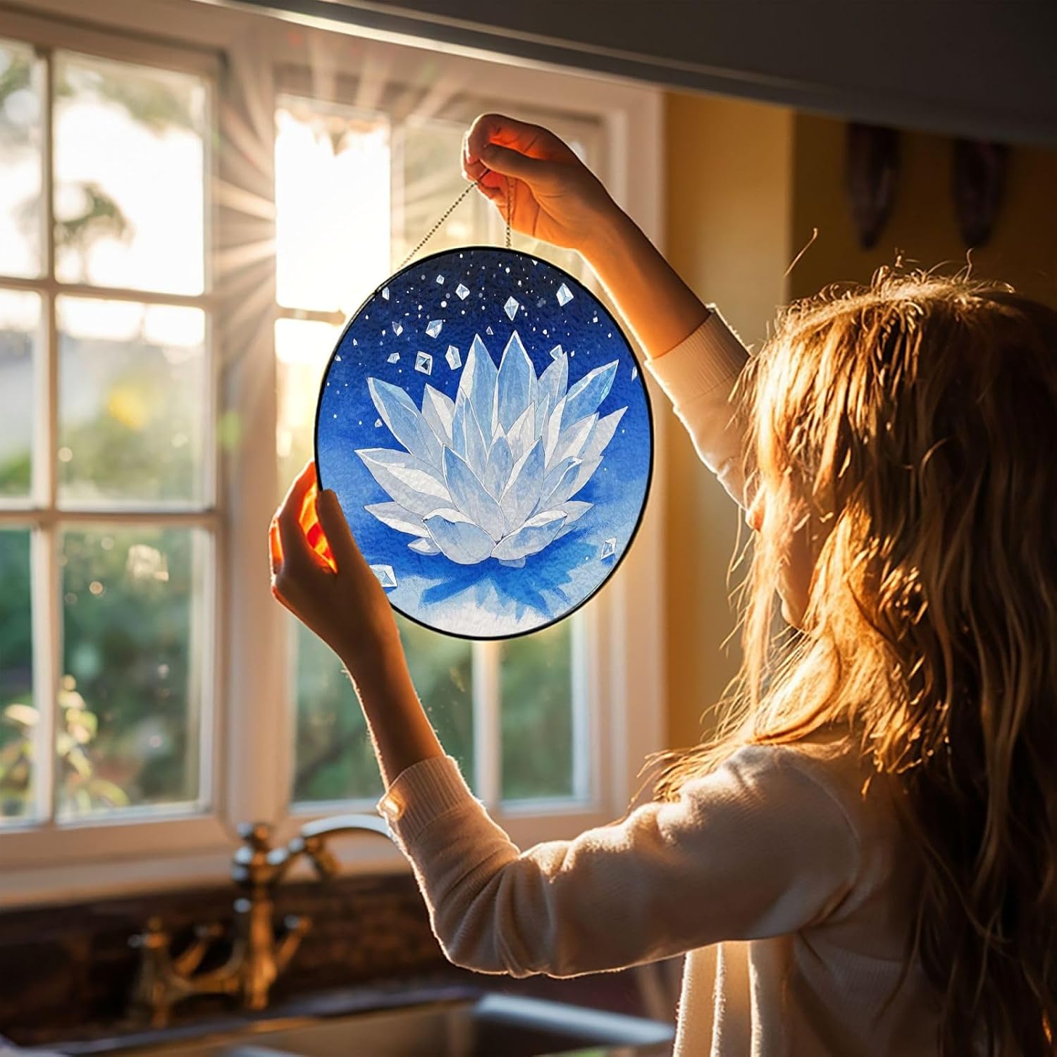 Stained Glass Window Hanging 12in Window Suncatcher Glass Panel with Metal Chain White Blue Crystal Flower Sun Catchers Wall Art Home Decor Gift for Women Mother's Day