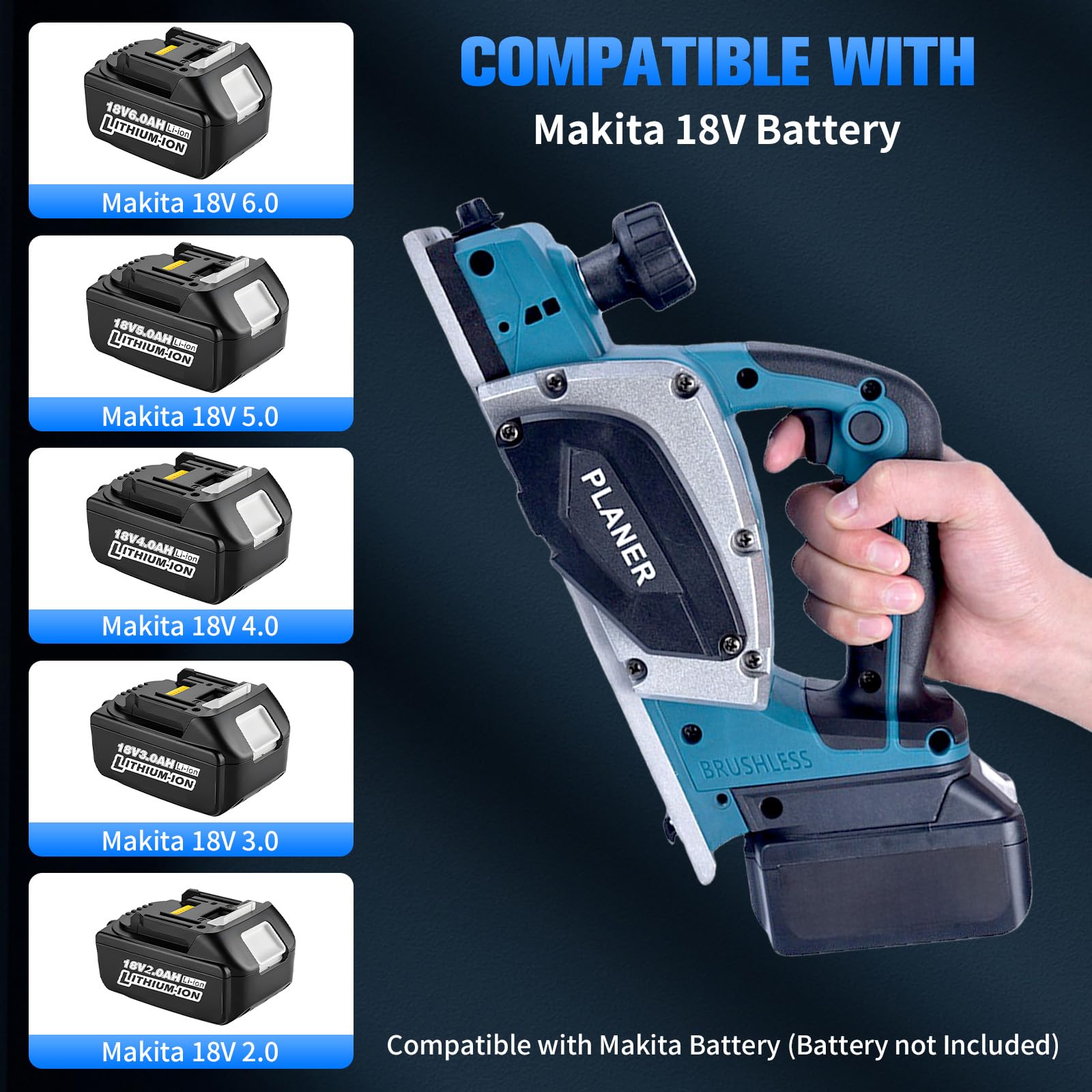 Pialla a batteria compatibile con batteria Makita da 18 V – Pialla con una sola mano con 16500 RPM, 0 – 2 mm, larghezza pialla regolabile 82 mm, per la lavorazione del legno, pialla elettrica manuale