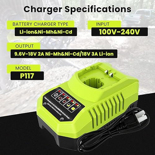 Miniatura 5 de Dosctt 2 Packs 3600mAh Lithium ion Batteries and P117 Charger Compatible with Ryobi 18V Battery and Charger Combo P102 P103 P104 P105 P107 P108 P109