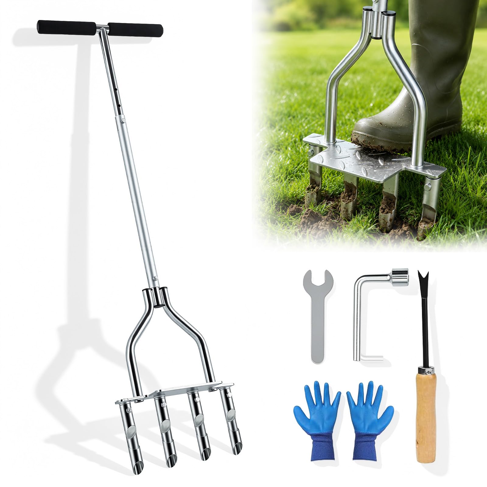 Aireador de césped manual, 4 núcleos, mango de 90 – 98 cm | Inoxidable,Con Guantes Y Herramienta de Limpieza De Desagües,Aerificador De Césped Para Suelos Comprimidos Cuidado Del Césped