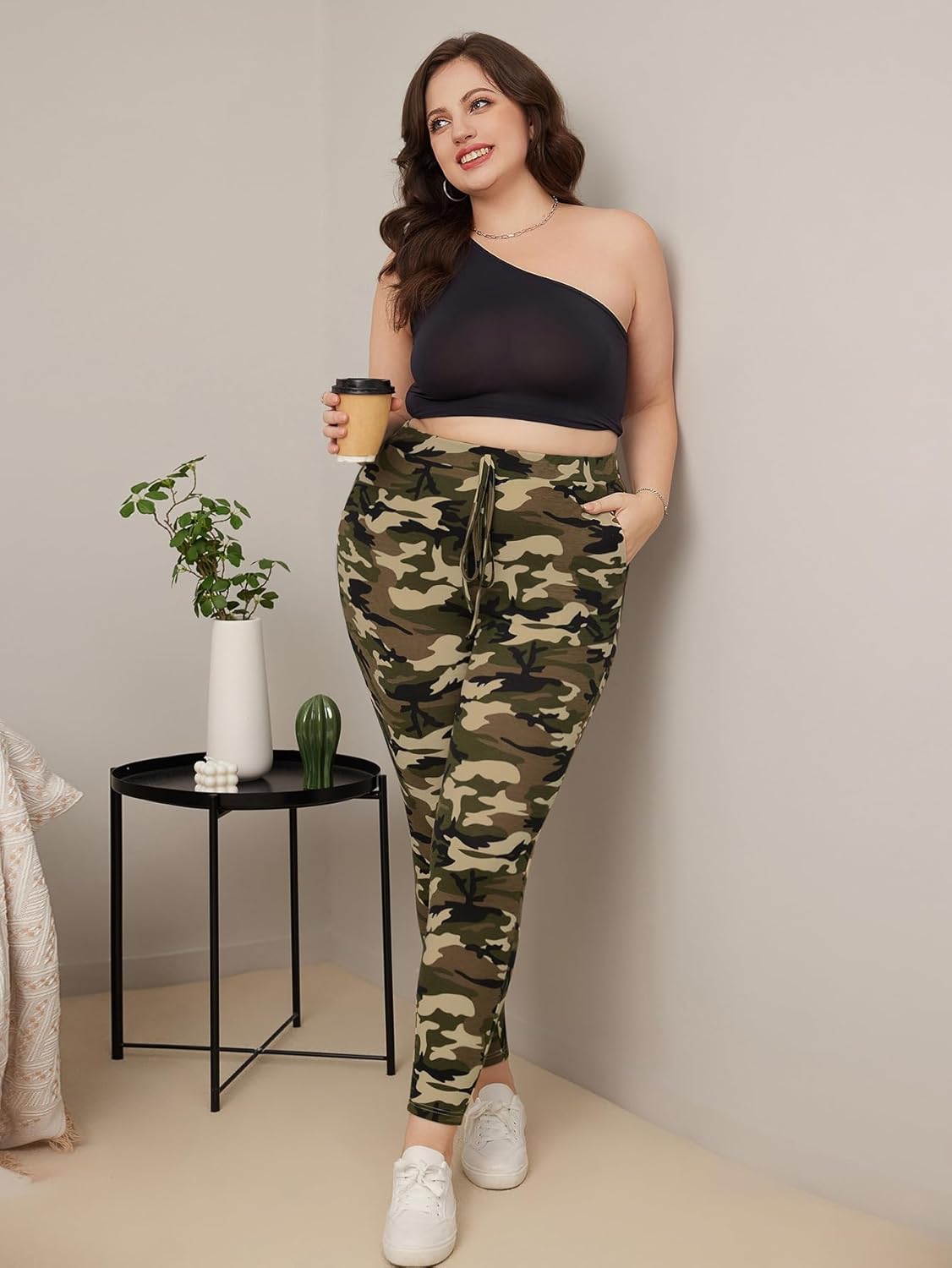 WDIRARA Women's Plus Size Camo Print Tie Front Stretch Skinny Long Pants - Image 7