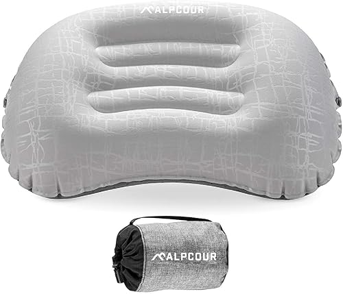 Alpcour Almohada de camping Almohada de dormir grande, inflable, ultraligera con diseño fácil de inflar, funda exterior impermeable suave y funda